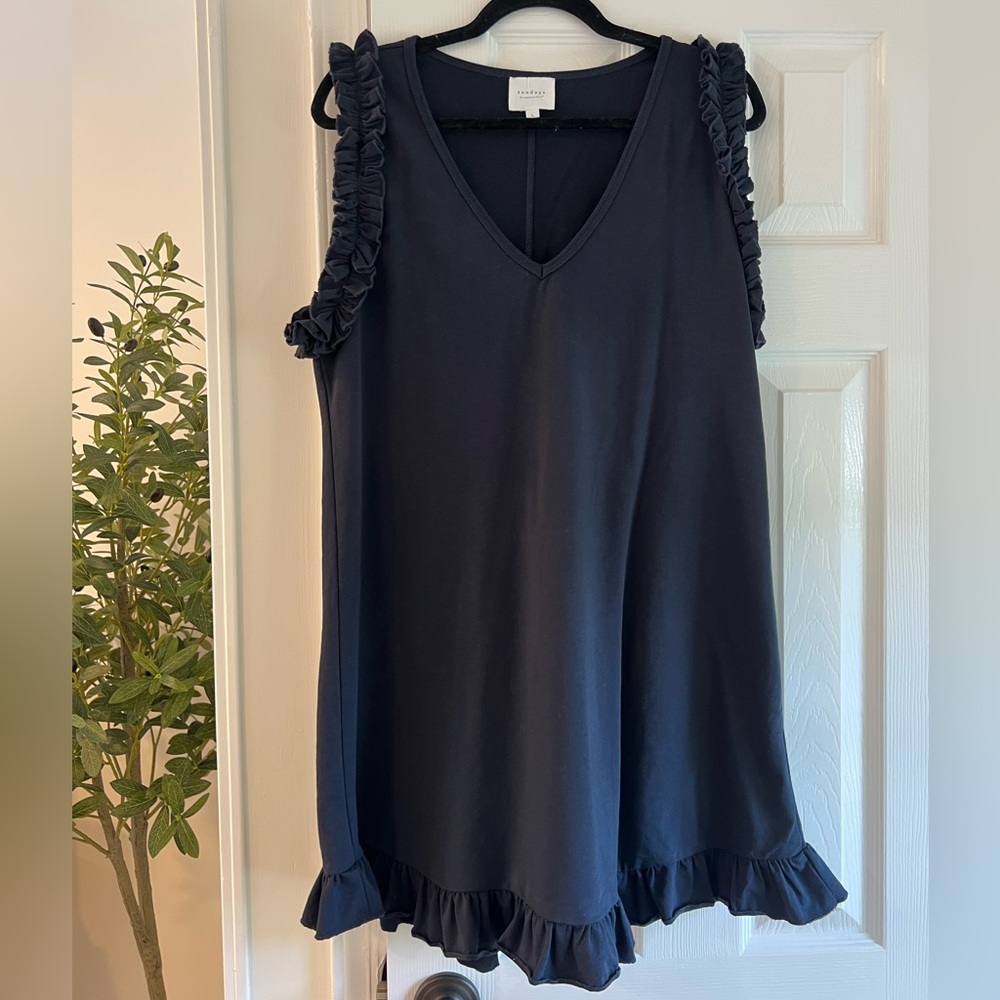 Anthropologie Sundays Shawn Mini Dress with Ruffle Trim in Navy - Picture 2 of 4